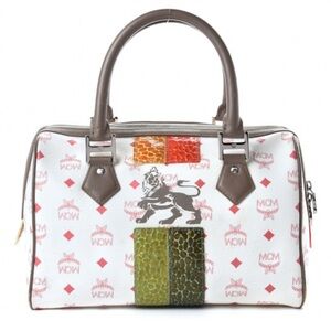 MCM Visetos Striped Munich Lion Boston Satchel White